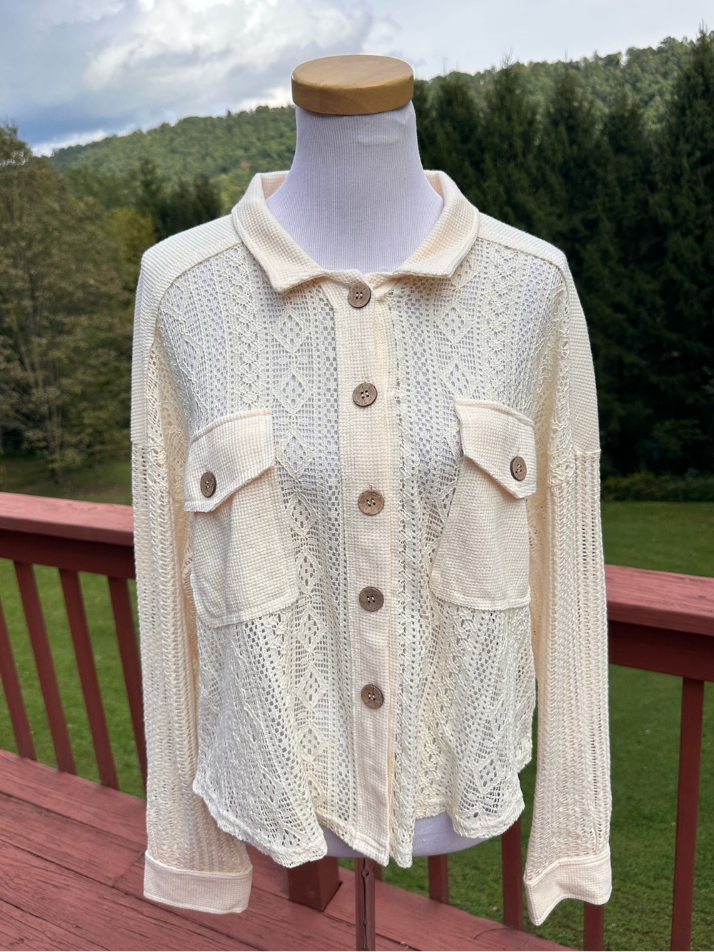Very J Crochet Cream Waffle Knit Button-Front Lightweight Shirt/Jacket